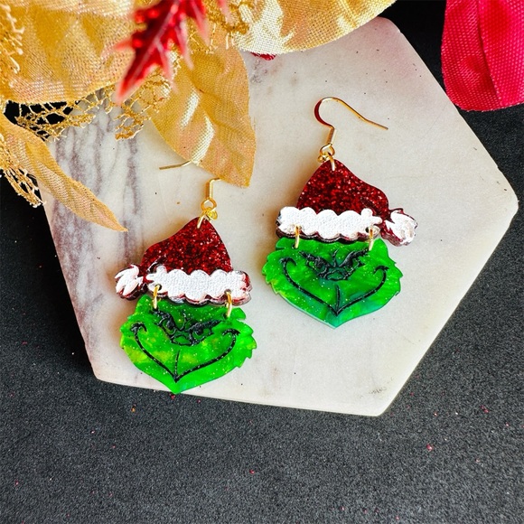 Grinch earrings with Santa hat glitter festive Holiday Jewelry - Picture 4 of 5
